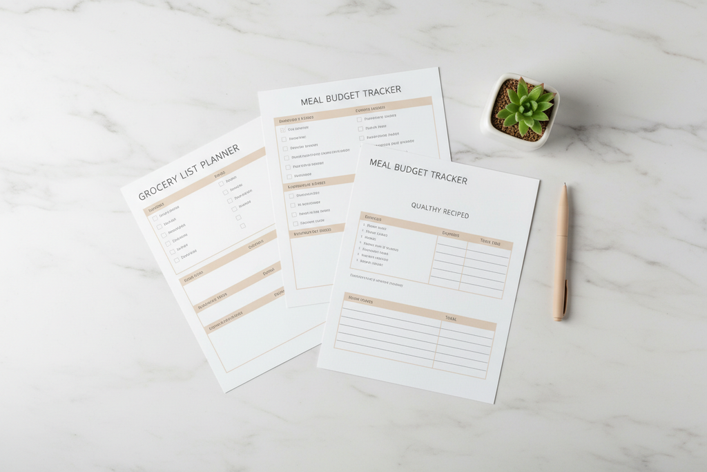 Meal Planner Bundle – Flat lay of printed planner pages on marble desk