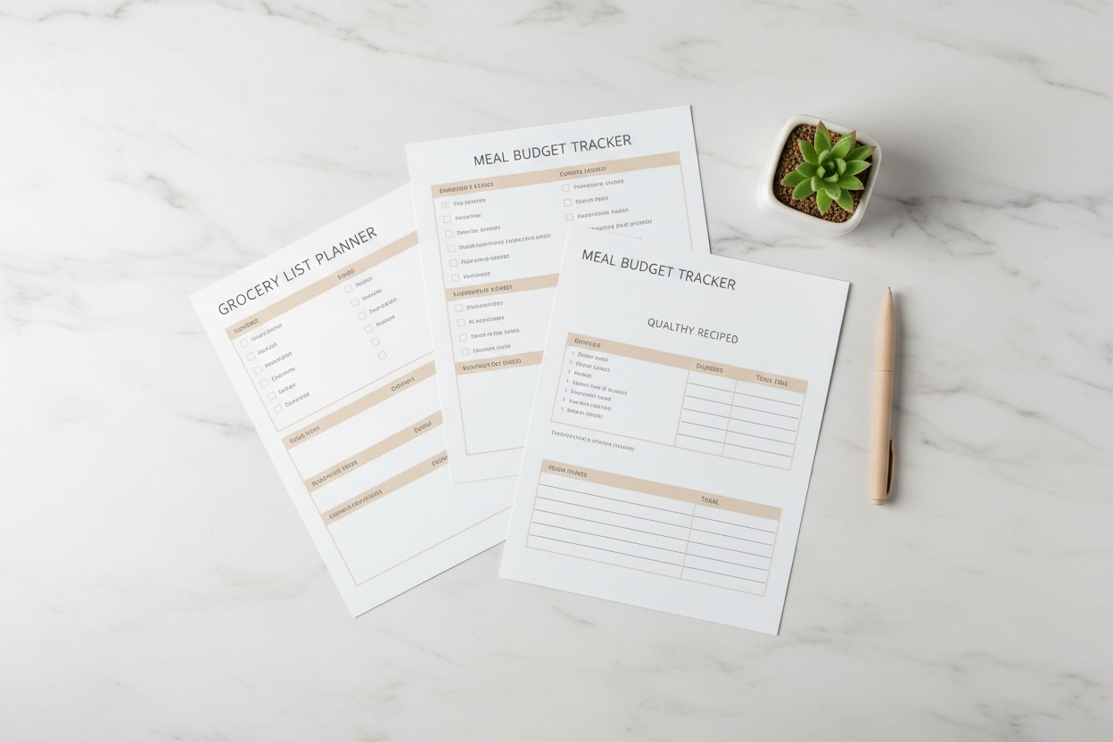 Meal Planner Bundle – Flat lay of printed planner pages on marble desk