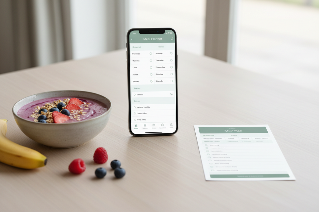 Meal Planner Bundle – Phone and printed weekly meal plan on wood surface