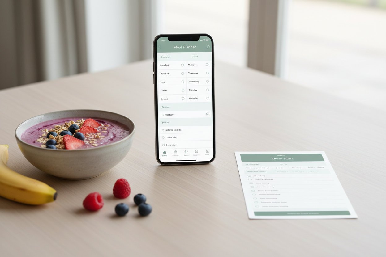 Meal Planner Bundle – Phone and printed weekly meal plan on wood surface